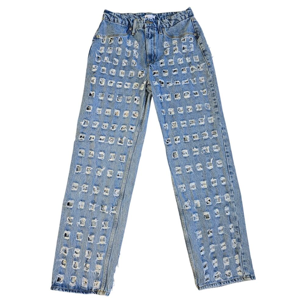 Good American Distressed Grid Jeans Light Wash Blue Wide Leg Sz 10